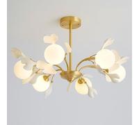 IFAIBYRNK 23.6 Inches Nordic Modern Light Luxury 6-Light Semi Flush Mount Chandelier, G9 Base Brass Ginkgo with White Ceramic & Glass Globes Leaf Pendant Light, for Living Room Dining Room Bedroom