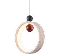 IFAIBYRNK Travertine Ring Pendant Light, with Wood Canopy & Sphere Accents, 25W LED 3 Color Temperature Natural Stone Hoop Fixture, Adjustable Height for Bedside, Dining Room, Living Room