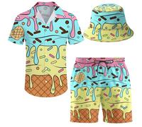 ifamawlea Men's 2 Piece Tracksuit Hawaiian Shirt Shorts Button Down Shirt and Shorts Sets with Bucket Hats, Ice Cream, Large