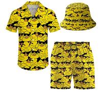 ifamawlea Men's 2 Piece Tracksuit Hawaiian Shirt Shorts Button Down Shirt and Shorts Sets with Bucket Hats, Cute Sunglasses Rubber Duck, Medium