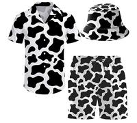 ifamawlea Men's 2 Piece Tracksuit Hawaiian Shirt Shorts Button Down Shirt and Shorts Sets with Bucket Hats, Cows, Medium