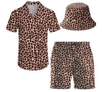 ifamawlea Men's 2 Piece Tracksuit Hawaiian Shirt Shorts Button Down Shirt and Shorts Sets with Bucket Hats, Giraffe, XXL