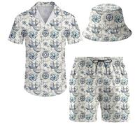 ifamawlea Men's 2 Piece Tracksuit Hawaiian Shirt Shorts Button Down Shirt and Shorts Sets with Bucket Hats, Map, XL