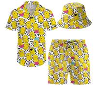 ifamawlea Men's 2 Piece Tracksuit Hawaiian Shirt Shorts Button Down Shirt and Shorts Sets with Bucket Hats, Retro 80s90s Memphis Rubber Duck, XXXL