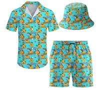 ifamawlea Men's 2 Piece Tracksuit Hawaiian Shirt Shorts Button Down Shirt and Shorts Sets with Bucket Hats, Hawaiianduck, Medium