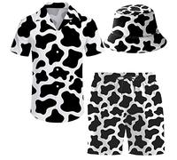 ifamawlea Men's 2 Piece Tracksuit Hawaiian Shirt Shorts Button Down Shirt and Shorts Sets with Bucket Hats, Cows, Large
