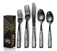 IFERRENS 20-Piece Matte Black Silverware Set for 4, Skull Rose Cultery Set 18/0 Stain Finish Stainless Steel, Gothic Skeleton Pattern Decorative Flatware Set, Daily Halloween Party Event Serving For 4