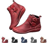 IFFANY Vintage Orthopedic Ankle Boots,Women Arch Support Slip On Low Heel Booties,Autumn Winter Casual Outdoor Walking Short Booties, Red, 37