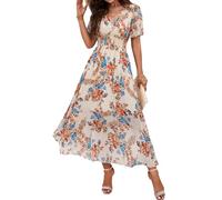 IFFEI Women Summer Maxi Dress Short Sleeve Wrap V Neck Floral Print High Waist Long Flowy Dresses L Apricot