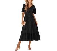 IFFEI Women Summer Maxi Dresses V Neck Chiffon Ruffle Sleeve Swiss Dots A-Line Dress Stretchy High Waist Flowy Wedding Guest Dress Ladies Dresses Black