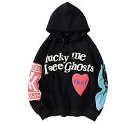 IFIKK Men's Lucky Me I See Ghosts Hooded Pullover, Black Crew Neck Hip Hop Street Style Hoodie, XS