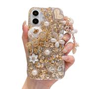 iFiLOVE for iPhone 16 Bling Diamond Case, 3D Luxury Sparkle Glitter Crystal Rhinestone Butterfly Flower Pendant Charm Case Cover for Girls Women Kids (Champagne)