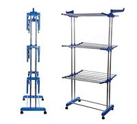 IFJA 4 Tier Airer Clothes Drying Rack | Adjustable Rolling Stainless Steel Laundry Rack Stand with Foldable Wings Casters for Indoor Outdoor | Garments Blue Hanger with Retractable Trays | 74x170x48cm