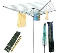 IFJA Aluminium 4 Arm 60M Retractable Rotary Airer for Clothes | Outdoor Clothes Airer with Rust Proof Washing Line Spike and Parasol Cover | Heavy Duty Rotary Washing Line Outdoor
