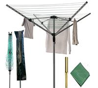 IFJA Rotary Aluminium Clothes Airer | Garments Horse with Parasol Cover and Rust Resistant Adjustable Freestanding Metal Line Spike | Silver Foldable Retractable 4 Arm 50 M Clothes Dryer for Outdoor