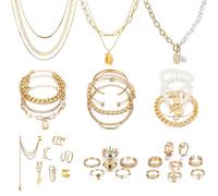 IFKM 36 Pieces Gold Plated Jewellery Set with 4 Necklaces, 11 Bracelets, 7 Earrings, 14 Knuckle Rings for Women, Girls, Valentine's Day, Anniversary, Birthday, Friendship, Alloy Steel, No Gemstone