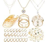IFKM 36 PCS Gold Plated Jewelry Set with 4 PCS Necklace, 11 PCS Bracelet, 7 PCS Ear Cuffs Earring, 14 Pcs Knuckle Rings for Women Girls Valentine Anniversary Birthday Friendship Gift, Alloy Steel,