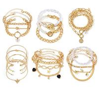 IFKM 6 PACK (24 PCS) Boho Gold Chain Bracelets Set for Women, 14K Gold Plated Multiple Layered Stackable Open Cuff Wrap Bangle Adjustable Link Italian Cuban Jewelry for Women Gift, 6.3 inches, Silver,
