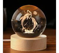 IFOLAINA Dolphin Gift 3D Dolphins Figurines in Crystal Ball Laser Engraved Glass Sphere Home Decor with Wooden Light Base