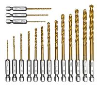 IFPPSAE Hex Shank Impact Drill Bit Set（13Pcs Set+3 Pcs Free）,Titanium Coated HSS Twist Drilling Bit Kit for Wood Sheet Metal Various Plastics, Quick Change Design(1/16"-1/4")