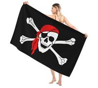 iftoday Goth Pirate Skull Beach Towel Funny Skull with Red Bandana Bones Black Bath Towel for Adults Men Boys, Microfiber Quick Dry Sand Proof Gothic Beach Blanket Swim Pool Towel, Oversized 32x52