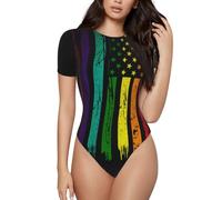 iftoday Women'S Crew Neck Short Sleeve Bodysuit Basic T Shirts Tops, Lgbt Gay Pride Rainbow Flag America Flag One Piece Bodysuits