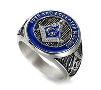IFUAQZ Men's Stainless Steel Freemason Symbol Masonic Ring Silver Gold Blue Free and Accepted Masons Signet Rings Band, Metal, No Gemstone