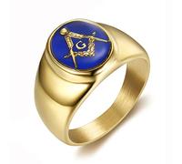 IFUAQZ Men's Stainless Steel Gold Plated Freemason Masonic Rings Blue G Lodge Master Mason Signet Biker Band, Metal, No Gemstone