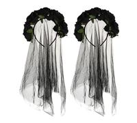 ifundom 2Pcs Halloween Veil Headband Black Mesh Veil with Rose Flower Crown Halloween Bride Headdress for Festivals Day of the Dead Costume