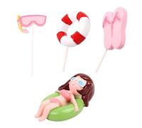 ifundom 4PCS Hawaiian Beach Cake Decoration Cartoon Tropical Party Resin Summer Dessert Toppers Summer Swimming Ring Pool Goggles Slippers Girls Cake Toppers for Hawaiian Birthday Wedding Party