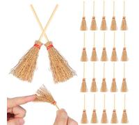ifundom 50Pcs Miniature Wooden Broom Props 9.5Cm Red Thread Handcrafted Dollhouse Accessories for Fairy Garden Micro Landscape and Halloween Decoration