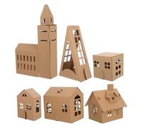 ifundom 6pcs DIY Cardboard House Kit - Miniature Paper Village Buildings Set with Large Chapel, Square, Wide, Long Houses, Rustic Cottage Elizabeth Tower - Craft Model for School Projects