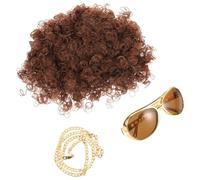 ifundom 70s Disco Party Costume Set for Men - Dark Brown Disco Wig Mustache, Large Frame Sunglasses, and Gold Chain Necklace - Cosplay Costume Accessories for Halloween Themed Events