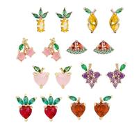 ifundom 8 Pairs Tropical Fruit Zircon Stud Earrings Cute Women’s Ear Studs Set with Cherry Pineapple Strawberry Peach Orchard Fruit Grape Watermelon for Daily Wear