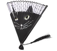 ifundom Black Folding Silk Handheld Fan with Cartoon Cat Design and Tassel Pendant, Lightweight and Compact for Women, for Wedding and Collection
