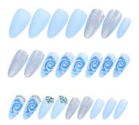 ifundom Blue Rose Pattern Press on Nails with Rhinestones for Women, Unique Easy to Use Artificial False Fingernails with Abs Material, for Daily Decoration and Attending Parties