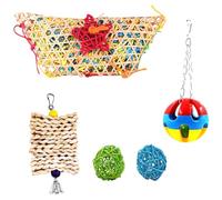 ifundom Chicken Set 5pcs Hanging Feeder with Bamboo Weaving and Shredder Loofah for Pet Bird and Chicken, Plastic and Grass Material to Entertain and Health, Present Random Color
