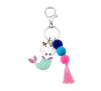 ifundom Mermaid Cat Keychain Pendant Metal Key Ring Bag Decor Charm with Tassel Hair Ball Unique Cute Design Lightweight Gift for Friends