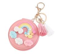 ifundom Mini Makeup Mirror Keychain Pendant Pink Pu Leather Cartoon Shape with Rainbow Tassel Unique Chic Design for Women of Ages Portable Present and Small Pocket Accessory