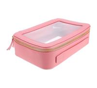ifundom Pink Leather Double-Sided Cosmetic Bag, Portable Single-Layer Travel Makeup Organizer with Handle, Waterproof Toiletry Pouch for Women’s Airplane Toiletries