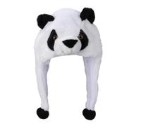 ifundom Plush Panda Animal Hood Winter Hat with Elastic Fit and Two Dangling Pom Pom Flaps, Soft White Plush Hat to Keep Neck, Face, and Ears Warm for Halloween and Performance