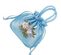 ifundom Small Floral Embroidered Handbag for Women Drawstring Handle, Ethnic Tote Bag in Lake Blue, Travel Purse for Phone and Money