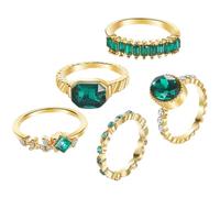 ifundom Vintage Green Rhinestone Ring Set for Women - 5pcs Geometric Stackable Midi Bands, Retro Sparkle Knuckle Rings Jewelry for Teens and Adults