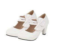 ifundom Women's White Chunky High-Heeled Mary Shoes Bowknot, Light Mouth Design, Size 36, Stylish Thick Heel Footwear for Office and Casual Wear