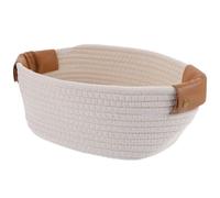 ifundom Woven Rope Basket Bathroom Storage Holder Portable Lightweight White Cotton Leather Cotton Rope Basket with Oval Leather Handle Unique Design and Special Textures for Living Room