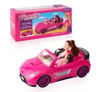 iFunLong Doll & Convertible Car Playset, Toddler Toy Car with Music Sounds, 2-Seater Pink Vehicle with Rolling Wheels, Seat Belts w/ 1 Dolls Included (Compatible with Barbie)