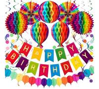 iFunLong Rainbow Reusable Birthday Decoration Set - Happy Birthday Banner, Bunting, Paper Fans and Honeycomb Decorations, Streamers Set, Colourful Paper Rainbow Party Decorations for Girls and Womens