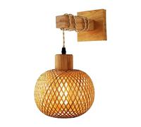 iFutniew Retro Wall Light Woven Rattan Wood Sconces Living Room Bedside Lamp Vintage Bedroom Decoration Lighting-A