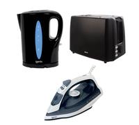 Igenix 3-Piece Kitchen and Home Essentials Set - 1.7L 2200W Kettle, 750W 2-Slice Toaster & 1600W Steam Iron - Fast Boil, Multi-Function Toasting & Powerful Steam Performance - Black
