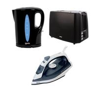 Igenix 3-Piece Kitchen and Home Essentials Set - 1.7L 2200W Kettle, 750W 2-Slice Toaster & 1600W Steam Iron - Fast Boil, Multi-Function Toasting & Powerful Steam Performance - Black